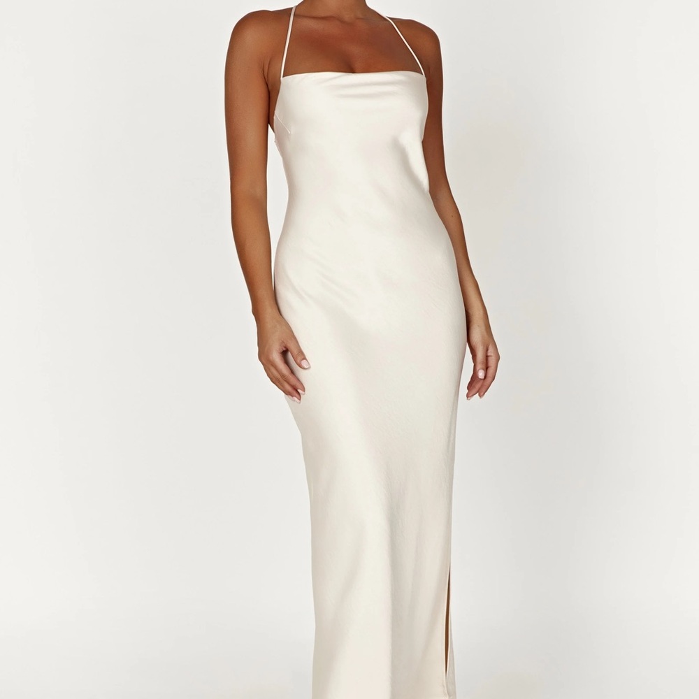 Meshki Cream Halter Slip Dress with Slit